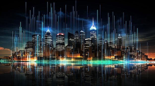 Gráfico dinâmico da bolsa de valores subindo contra uma paisagem urbana futurista à noite