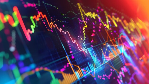 Un gráfico dinámico del mercado de valores que muestra las fluctuaciones en los precios de las acciones con líneas y barras de colores que representan la actividad comercial y las tendencias