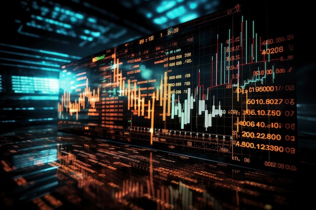 Gráfico de divisas y acciones de cambio generado digitalmente para visualización de codificación y software informático basado en finanzas y economía