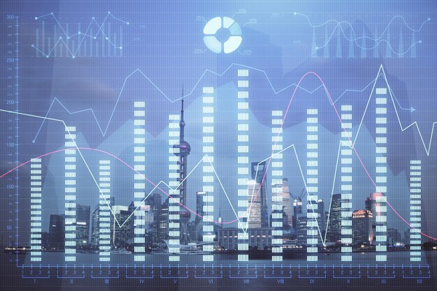 Gráfico de divisas en el paisaje urbano con edificios altos fondo multi exposición concepto de investigación financiera