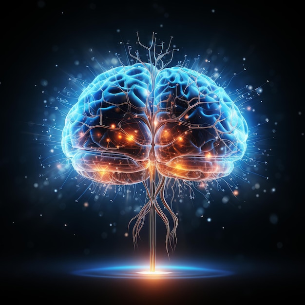 Foto gráfico do cérebro humano em luz azul brilhante sobre fundo preto