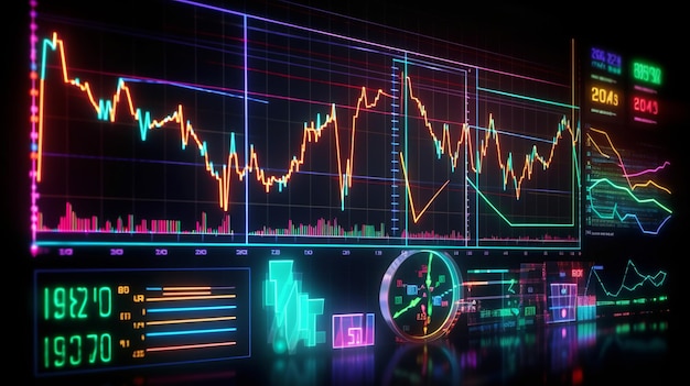 Gráfico do mercado de ações brilhando em fundo escuro Diagrama de ações de crescimento gráfico financeiro Conceito financeiro Papel de parede neon Conceito de negociação de ações Negociação em bolsa Conceito de marketing de negócios