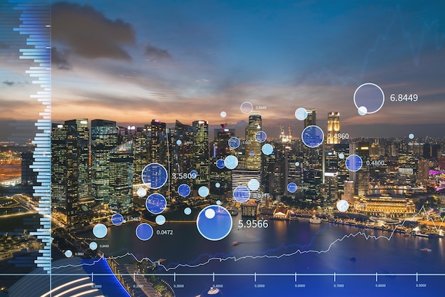 Gráfico do mercado de ações holograma visão noturna panorama da cidade de Cingapura local popular para obter educação financeira na Ásia O conceito de pesquisa internacional Dupla exposição