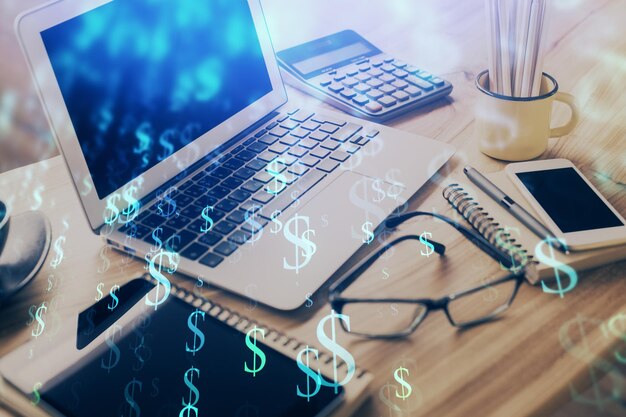 Foto gráfico do mercado de divisas holograma e computador pessoal em fundo dupla exposição conceito de investimento