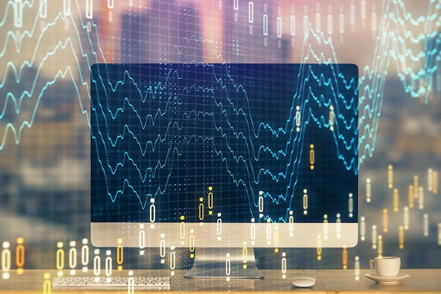 Gráfico do mercado de divisas holograma e computador pessoal em fundo dupla exposição conceito de investimento
