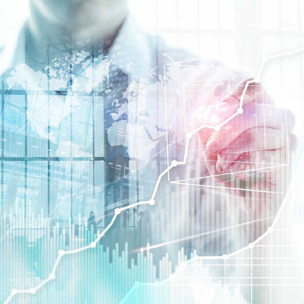 Gráfico e diagrama de gráfico de dupla exposição de fundo abstrato de negócios Mapa mundial e negócios globais e conceito de comércio financeiro