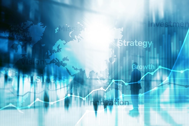 Gráfico e diagrama de gráfico de dupla exposição de fundo abstrato de negócios Mapa mundial e negócios globais e conceito de comércio financeiro