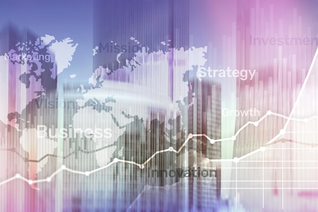 Gráfico e diagrama de gráfico de dupla exposição de fundo abstrato de negócios Mapa mundial e negócios globais e conceito de comércio financeiro