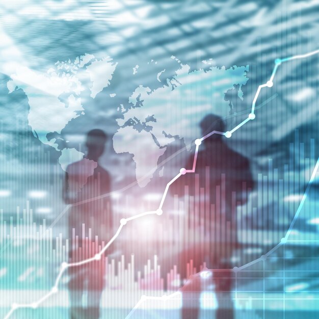 Gráfico e diagrama de gráfico de dupla exposição de fundo abstrato de negócios Mapa mundial e negócios globais e conceito de comércio financeiro