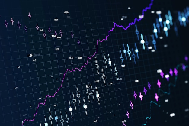 Gráfico e grade de forex brilhante criativo em papel de parede desfocado Crescimento financeiro de ações e conceito de comércio Renderização 3D