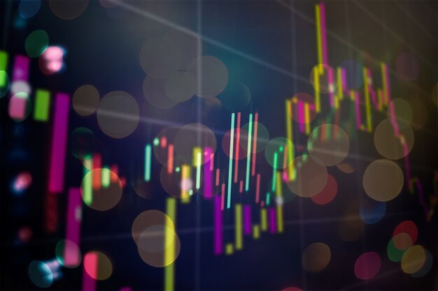 Gráfico e indicador de preço técnico, gráfico de velas vermelho e verde na tela de tema azul, volatilidade do mercado, tendência de alta e baixa. negociação de ações, fundo de moeda criptográfica.