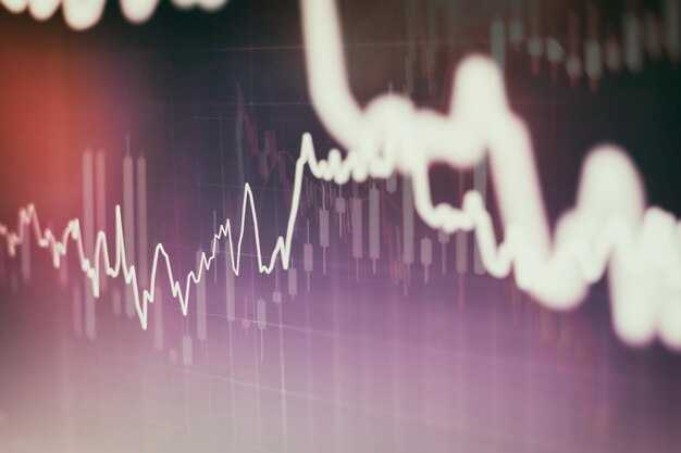 Gráfico e indicador de preço técnico, gráfico de velas vermelho e verde na tela de tema azul, volatilidade do mercado, tendência de alta e baixa. negociação de ações, fundo de moeda criptográfica.