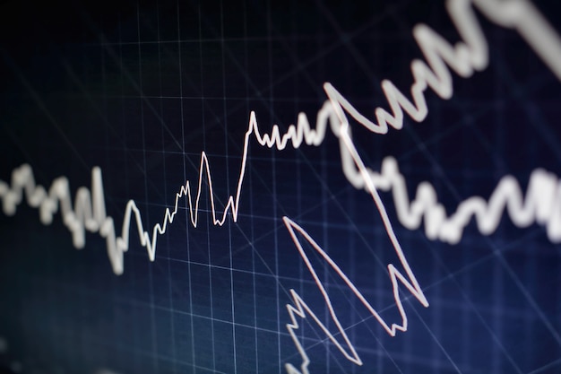 Gráfico e indicador de preço técnico, gráfico de velas vermelho e verde na tela de tema azul, volatilidade do mercado, tendência de alta e baixa. Negociação de ações, fundo de moeda criptográfica.