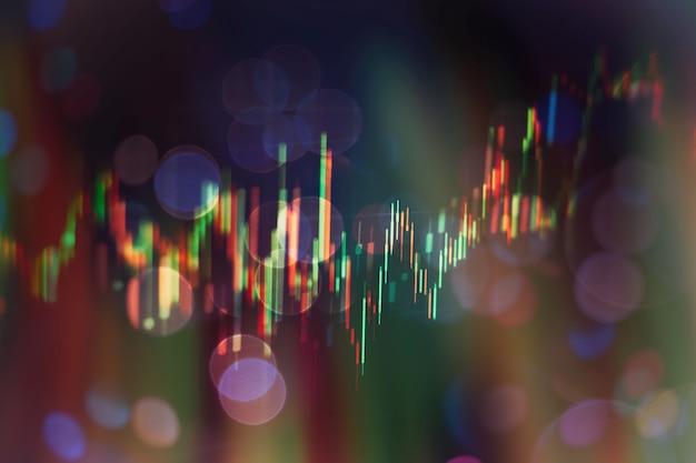 Gráfico e indicador de preço técnico, gráfico de velas vermelho e verde na tela de tema azul, volatilidade do mercado, tendência de alta e baixa. Negociação de ações, fundo de moeda criptográfica.