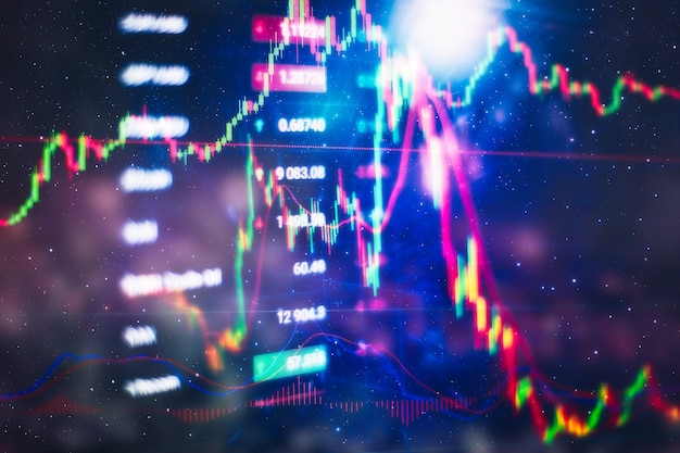 Gráfico e indicador de precio técnico, gráfico de velas rojas y verdes en la pantalla temática azul, volatilidad del mercado, tendencia al alza y a la baja. Comercio de acciones, fondo de moneda criptográfica.