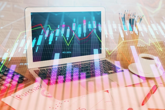 Gráfico e tabela do mercado de ações com fundo informático Exposição dupla Conceito de análise financeira