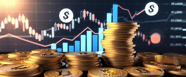 Gráfico de la economía monedas apiladas y flecha ascendente