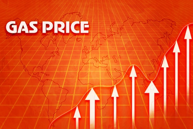 Gráfico económico de precios de gas Ilustración 3d Dibuja el concepto de gas con pantalla digital con gráficos financieros y mapa de contorno mundial