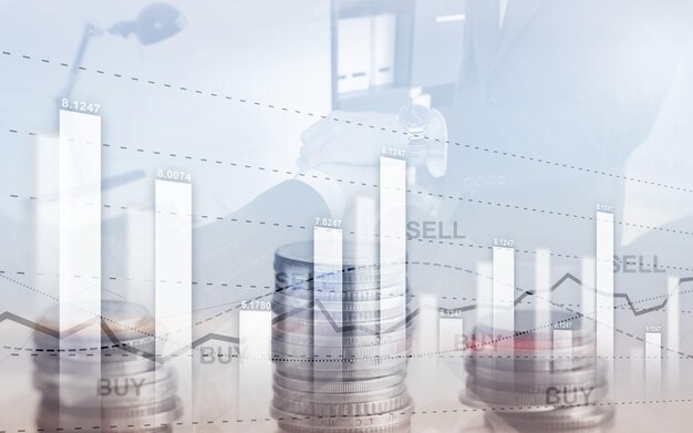 Gráfico em linhas de moedas Diagrama de gráfico de negociação de ações financeiras Conceito de troca e negociação