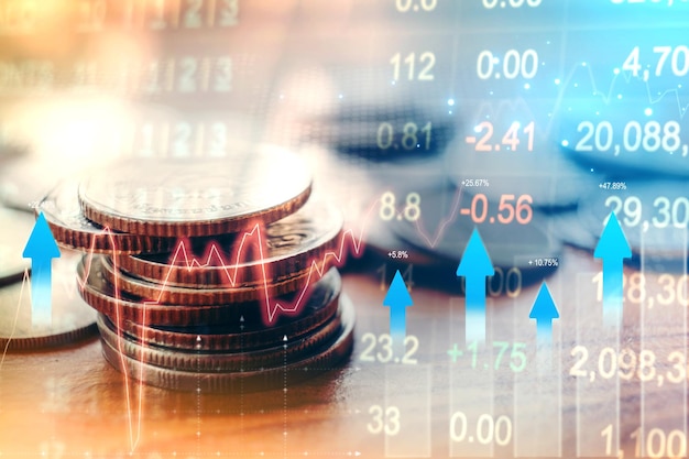 Gráfico em linhas de moedas para finanças e serviços bancários na troca financeira do mercado de ações digital analisando dados financeiros do gráfico de negociação forex Tecnologia de finanças de negócios e conceito de investimento