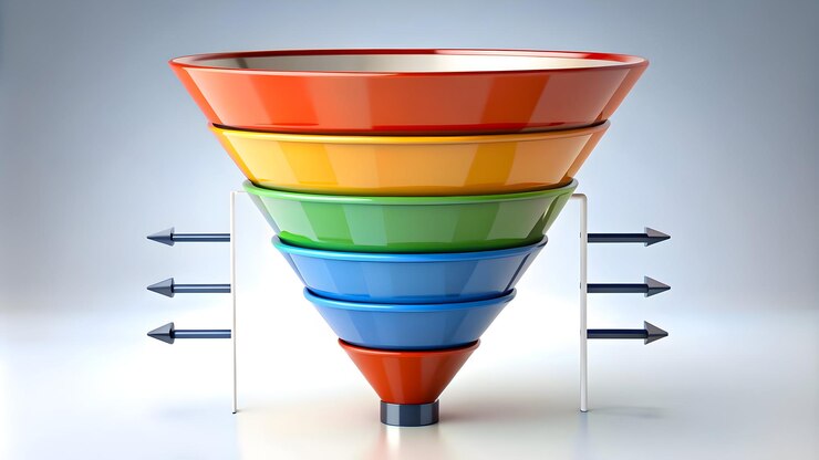 Un gráfico de embudo 3D colorido con segmentos en rojo, naranja, amarillo, verde y azul que muestra un proceso de negocio o marketing segmentado con flechas que apuntan hacia afuera de cada capa