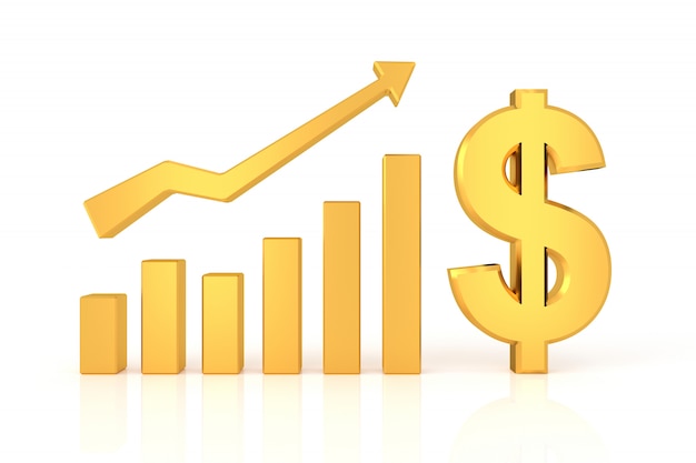 Gráfico exitoso con signo de dólar. Representación 3D.