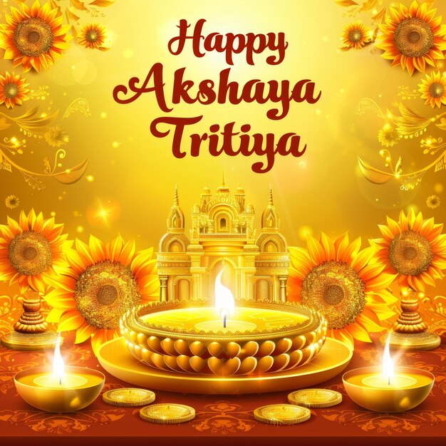 Foto gráfico festivo para akshaya tritiya com um templo dourado lâmpadas de óleo girassóis e brilhantes em um fundo amarelo