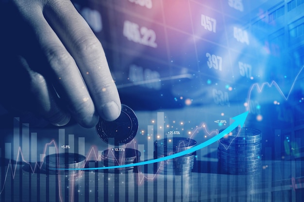 Foto gráfico en filas de monedas para finanzas y banca en el mercado de valores digital intercambio financiero análisis gráfico de comercio de divisas datos financieros tecnología de finanzas empresariales y concepto de inversión