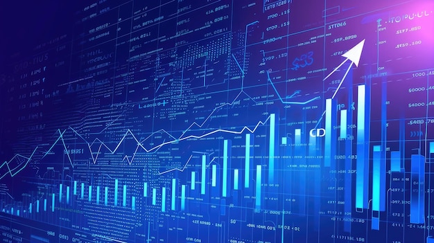 Gráfico financeiro abstrato de tela larga com uma linha de tendência ascendente e gráfico de barras do mercado de ações em um fundo de cor azul