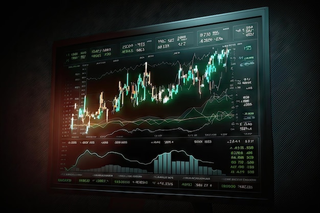 Gráfico financeiro com movimento de índices de ações no monitor do gráfico de castiçal de investimento em computador