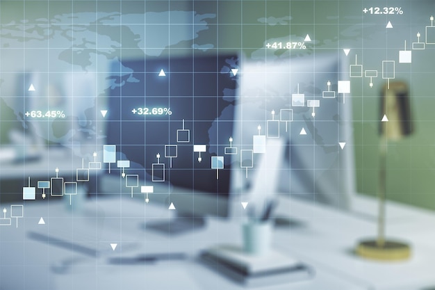 Gráfico financeiro criativo abstrato com mapa do mundo em forex de fundo de laptop moderno e investimento co