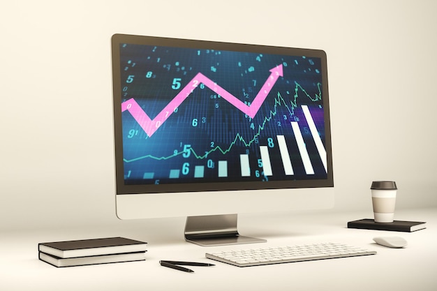 Foto gráfico financeiro criativo abstrato com seta para cima no moderno monitor de laptop forex e conceito de investimento 3d rendering