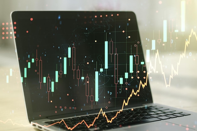 Gráfico financeiro criativo abstrato no conceito financeiro e comercial de fundo de laptop moderno Multiexposição