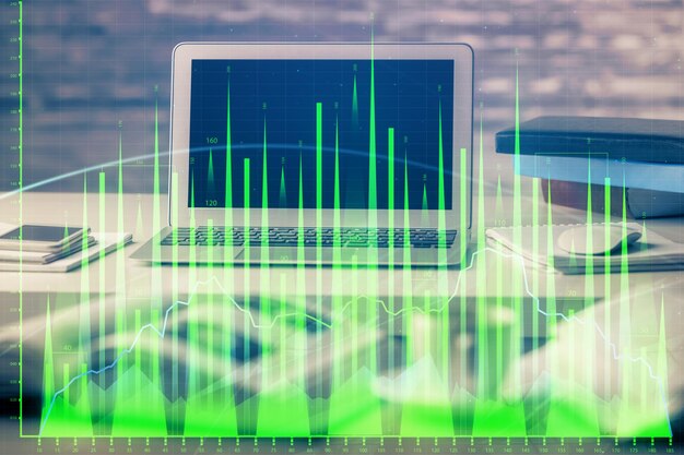 Gráfico financeiro desenho colorido e tabela com computador em fundo Dupla exposição Conceito de mercados internacionais