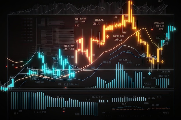 Gráfico financeiro do mercado de ações com preço das ações e gráfico de castiçal de investimento