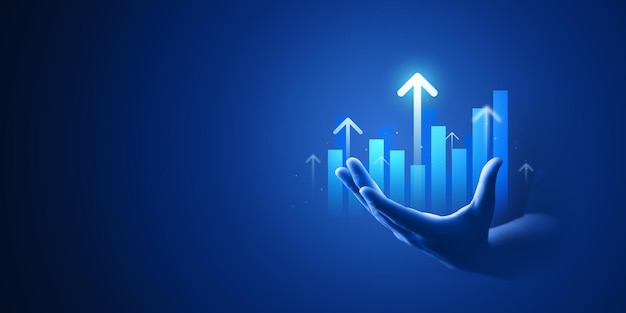 Foto gráfico financeiro gráfico de negócios de crescimento de plano de mão de empresário sobre fundo azul de melhoria com estratégia de marketing de diagrama de investimento de sucesso ou aumentar dados de lucro de estoque de seta e mercado de análise