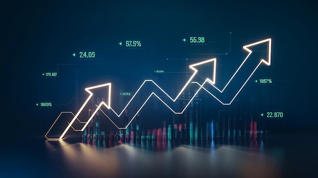 Gráfico financiero abstracto con gráfico de línea de tendencia al alza y flechas en un fondo azul oscuro concepto de gr