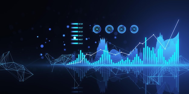 Un gráfico financiero abstracto con líneas dinámicas y formas geométricas en un fondo azul oscuro concepto de análisis de datos renderización 3D