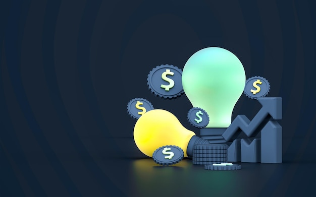 gráfico financiero y bombilla idea de concepto de negocio inteligente sobre fondo oscuro plantilla de representación 3d