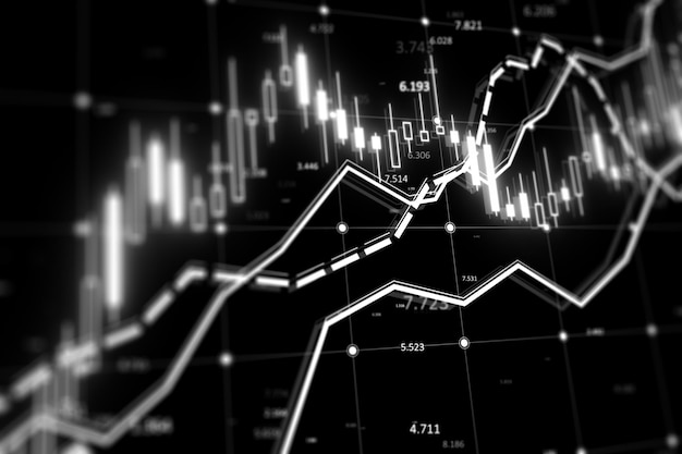 Gráfico financiero con candelabros y gráficos de líneas en fondo negro Renderización 3D