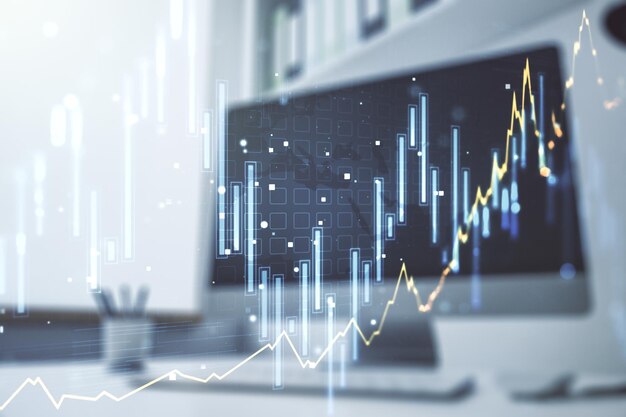 Gráfico financiero creativo abstracto y escritorio moderno con PC en el concepto financiero y comercial de fondo Multiexposición