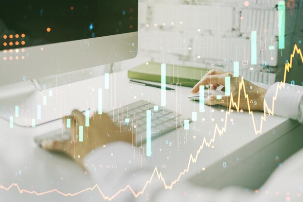 Gráfico financiero creativo abstracto con escritura a mano en computadora portátil en el fondo concepto financiero y comercial multiexposición