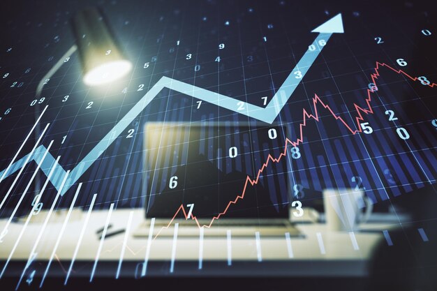 Gráfico financiero creativo abstracto con flecha hacia arriba en el fondo de la computadora moderna concepto financiero y comercial Multiexposición