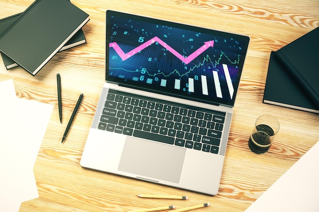 Gráfico financiero creativo abstracto con flecha hacia arriba en el moderno monitor de computadora portátil forex y concepto de inversión Representación 3D