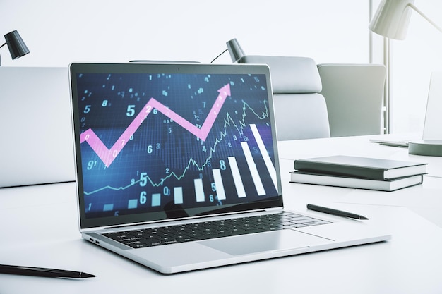 Gráfico financiero creativo abstracto con flecha hacia arriba en la pantalla del portátil moderno concepto de inversión y forex Representación 3D