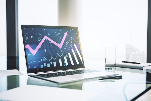 Gráfico financiero creativo abstracto con flecha hacia arriba en la pantalla del portátil moderno concepto de inversión y forex Representación 3D