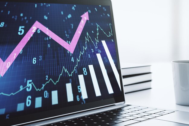 Gráfico financiero creativo abstracto con flecha hacia arriba en la pantalla del portátil moderno concepto de inversión y forex Representación 3D