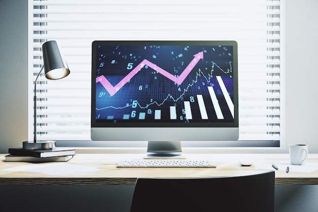 Gráfico financiero creativo abstracto con flecha hacia arriba en la pantalla del portátil moderno concepto de inversión y forex Representación 3D