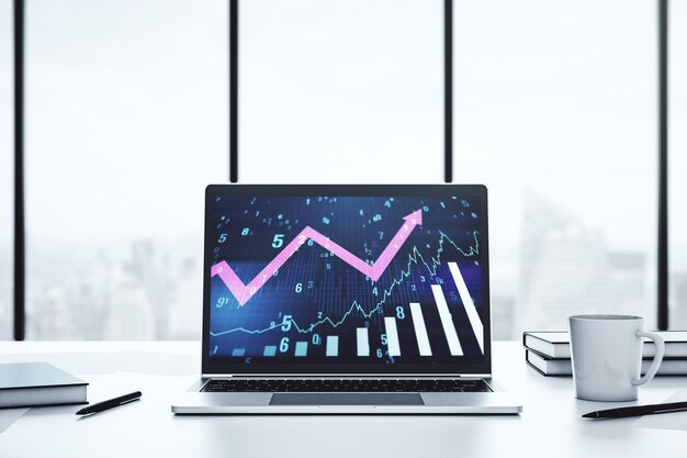 Gráfico financiero creativo abstracto con flecha hacia arriba en la pantalla de un portátil moderno forex y concepto de inversión Representación 3D