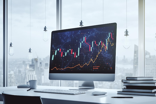 Gráfico financiero creativo abstracto con mapa mundial en la pantalla del portátil moderno concepto de inversión y forex Representación 3D